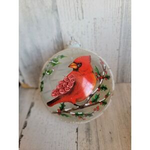 Vintage large red cardinal bird ball ornament tree Xmas glitter